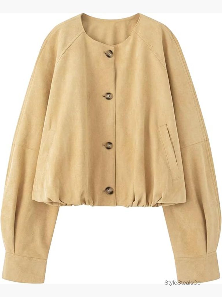 Faux Suede Button Bomber Jacket Oversized Gathered Hem Short Coat